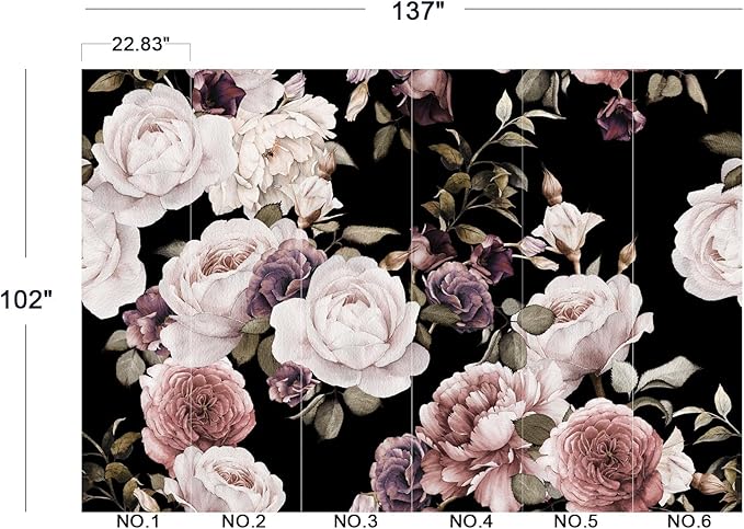 Cliouar-Peony Flowers Wall Mural - Purple Flower Wallpaper, Rose Mural Peel and Stick 137" x 102"