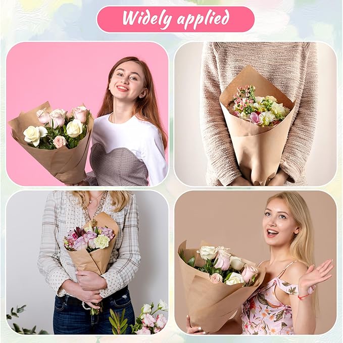 Exclaith 100 Pcs Flower Bouquet Wrapping Paper, Paper Clear Flower Sleeves Bulk Flowers Bags with Ribbons for Bouquets, for Florist Supplies, Mother's Day, Valentine's Day, Graduation, 15.7x13.8 Inch