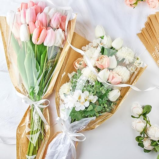 CLUEWR 50 PCS Flower Bags for Bouquets, Floral Wrapping Paper with Ribbons Florist Wrap Supplies, 22.1 x 14.2 Inches