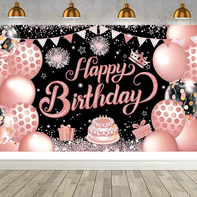 YinQin 180x120 cm Black Rose Golden Happy Birthday Party Photography Backdrops Cloth 71x47 inch Rose Gold Photo Backgrounds Glitter Pink Gold Happy Birthday Sign Banner Decorations for Women Girl