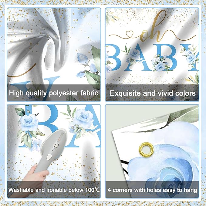 Mocsicka Oh Baby Backdrop Blue Floral Baby Shower Banner for Boys Party Decorations Photo Booth Props (Blue, 6x3.6ft)
