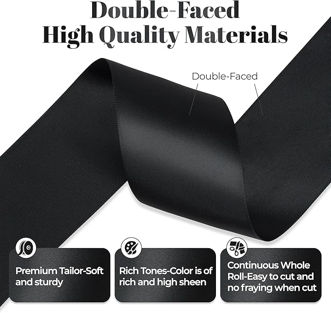 Black Satin Ribbon, Double Faced 2 Inch X 50 Yards Black Ribbon, Premium Satin Ribbon for Gift Wrapping, Crafts, Hair Bow Making, Sewing, Flower Bouquet, Wedding Party Decor