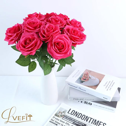 12pcs Artificial Rose Flower Hot Pink Rose Flower with Long Stem Silk Roses Bouquet for Wedding Bridal Shower Party Home Decoration