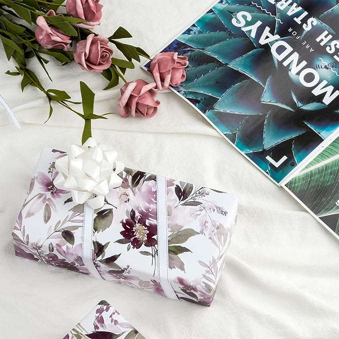 WRAPAHOLIC 30 Inch Floral Wrapping Paper - 30 Inch X 33 Feet - Purple Flower Wrapping Paper for Wedding, Birthday, Valentines' Day, Baby Shower, Anniversary, Bridal Shower