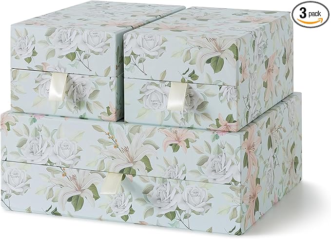 Soul & Lane Pastel Floral Decorative Boxes with Hinged Lids and Muted Ribbon Pull - Pastel Petals, Set of 3 (One Large and Two Medium Boxes), Cardboard Storage for Photos, Documents, Keepsakes