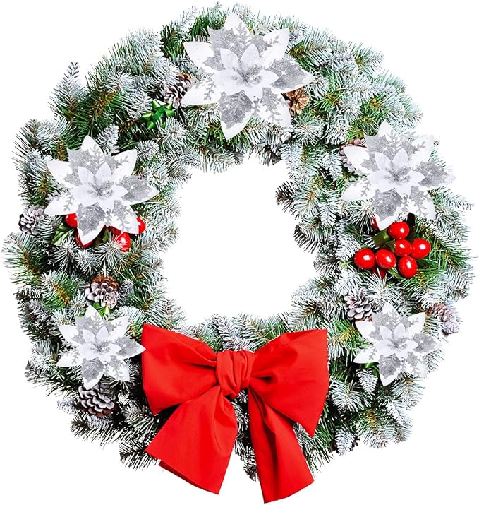 36 Pcs Christmas Glitter Artificial Poinsettia Flowers Xmas Poinsettia Artificial Wedding Flowers Decorations Xmas Tree Ornaments with Clips for Party, 6 Inch, 4 Inch, 3 Inch(Silver and White)