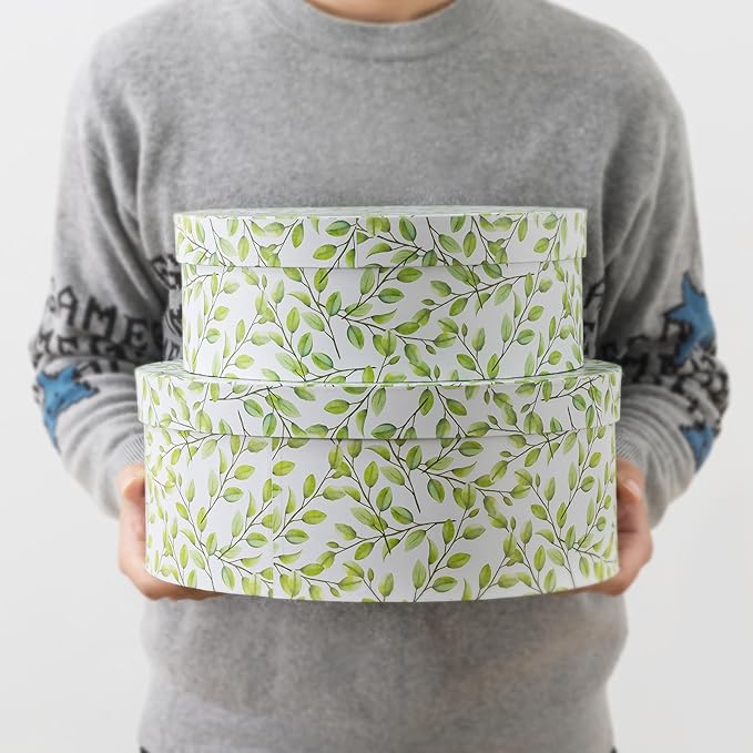 Soul & Lane Oblong Decorative Cardboard Storage Boxes with Lids, Set of 2 Botanical Green and White Keepsake Memory Boxes, Oval Nesting Paperboard Storage for Gifts, Lovely Leaves