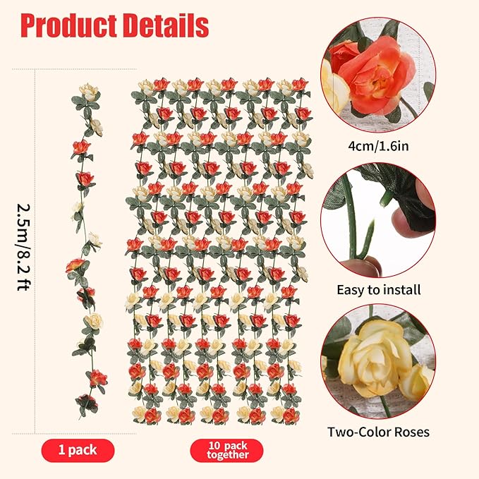 10 Pcs 82FT Flower Garland, Artificial Rose Garland Flowers Plants Fake Flower Hanging Rose Ivy, Birthday Party Valentine's Day Wedding Wall Arch Decor（Orange）