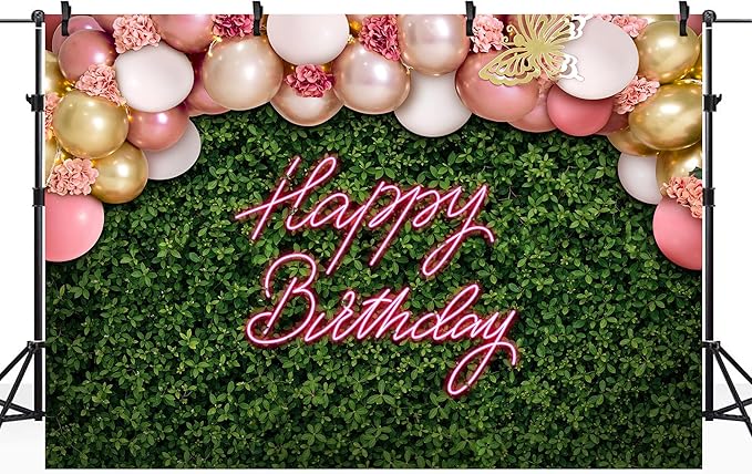 Riyidecor Green Leaves Happy Birthday Backdrop Polyester Fabric Neon Balloon Pink Flower Floral Butterfly Botanical Plant Bday 7Wx5H Feet Women Girls Photography Background Birthday Photo Studio Shoot
