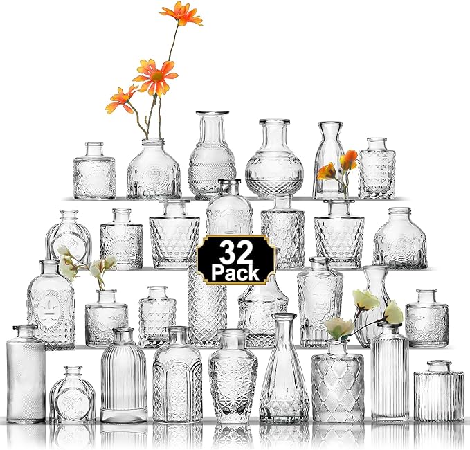 Aheroi 32 Pcs Bud Vase Set, Clear Vases for Centerpieces, Cute Glass Bud Vases Small Vases for Flowers, Mini Vase Flower Vase Set for Wedding Decorations, Room Office Table Decor