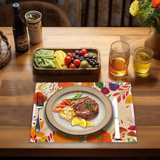 Happy Thanksgiving Day Placemats Set of 4, Linen Place Mats Heat Resistant Non-Slip Washable Table Mats for Dining Kitchen Party Decor 12"x18"