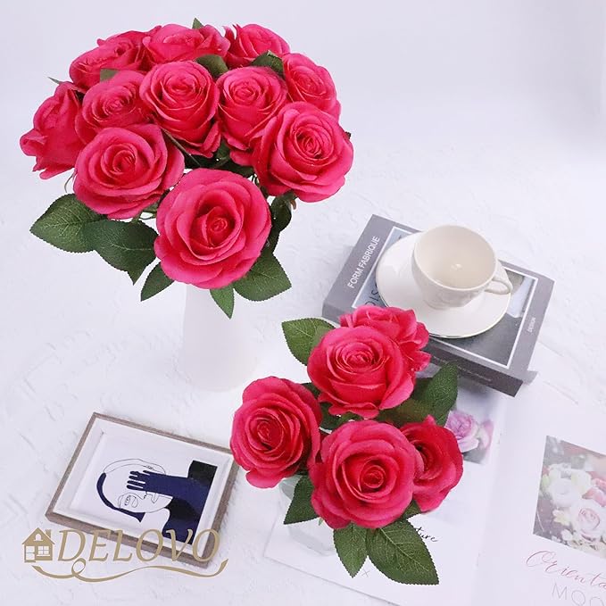 52pcs Hot Pink Roses Artificial Flowers Fake Flowers Silk Roses with Stems for DIY Wedding Bouquets Bridal Shower Centerpieces Arrangements Party Decorations