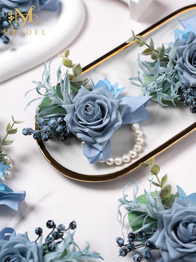 Meldel Dusty Blue Rose Wrist Corsage for Women, Set of 6, Wedding Bridal Corsage Hand Flower Decor for Prom Corsages Party Homecoming, Wristband Flowers for Bride Bridesmaid Girl Mother Wristlet Décor