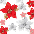 Boao 24 Pieces Christmas Artificial Glitter Poinsettia Flowers Xmas Flowers Wedding Christmas Tree New Year Ornaments(Red and Silver)