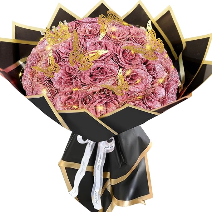 Gold Rose Glitter Roses Bouquet, 36 Pcs Shiny Glitter Flowers Bouquet, Everlasting DIY Artificial Roses Bouquet for Christmas, Birthday, Anniversary, Wedding, Engagement,Mothers Day,Gifts