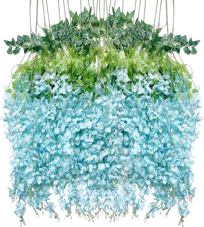 Artificial Wisteria Hanging Flowers-Fake Wisteria Flower Garland Silk Vines Rattan Decor for Home Wedding Arch Wall Garden Greenery Bedroom Outdoor Office Party Decoration(24, Blue)