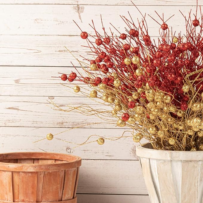 KI Store Red Christmas Tree Picks Sprays Set of 20 Glittered Twigs Decor for Christmas Tree Decoration Topper Floral Arrangement