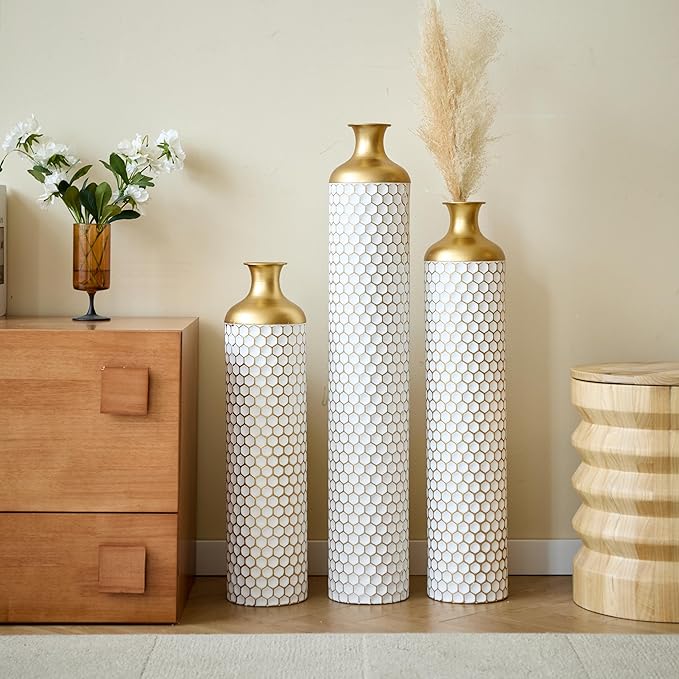 Floor Vases, Tall Home Decor Metal Vase Set of 3 Large Glazed Decorative Vases for Wedding Decor, Elegant Modern Flower Holder for Living Room, Entryway, Hallway, Dining Room