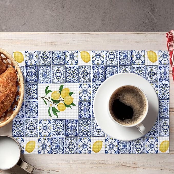 Lemon Table Placemats Set of 4 Blue Tile Print Linen Placemats for Indoor Outdoor Party Home Desktop Kitchen Dining Room Decor 12x18 Inch