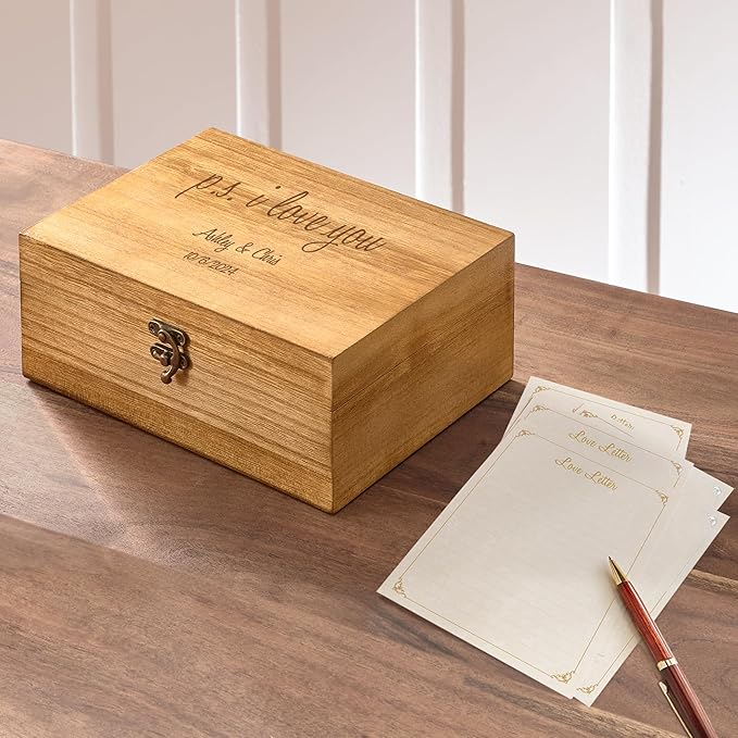 Let's Make Memories Personalized Wooden Keepsake Box With Hinged Lid - Wood Memento Box - Decorative Storage - Home Decor - For Couples, Wedding, Newlyweds - Laser Engraved - Love Letters