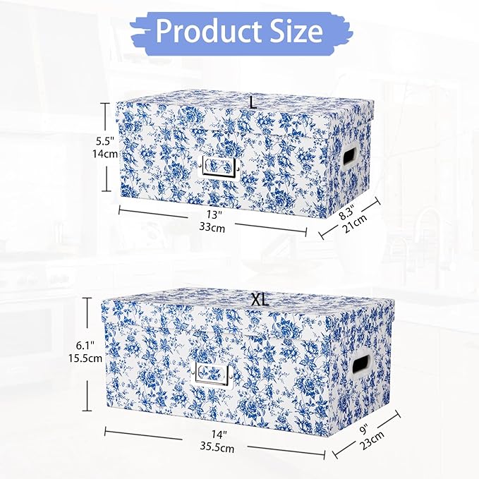 Briful Set of 2 Blue and White Porcelain-Style Storage Boxes with Lids – Elegant Floral Nesting Organizer Bins, 14'' + 13'' Set Decorative Cardboard Gift Boxes for Home or Office Use