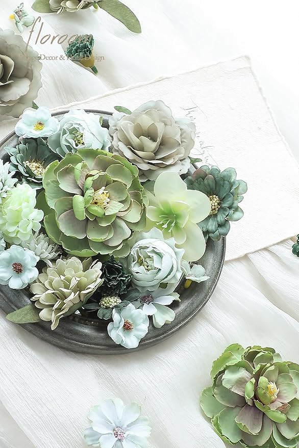Floroom Mini Artificial Flower Heads Sage & Olive Green Fake Peony Daisy Rose Multicolor Small Faux Silk Flower Heads for Cake Craft Garland Wedding Party Graduation Cap DIY Home Decoration, 0.8"-3.6"