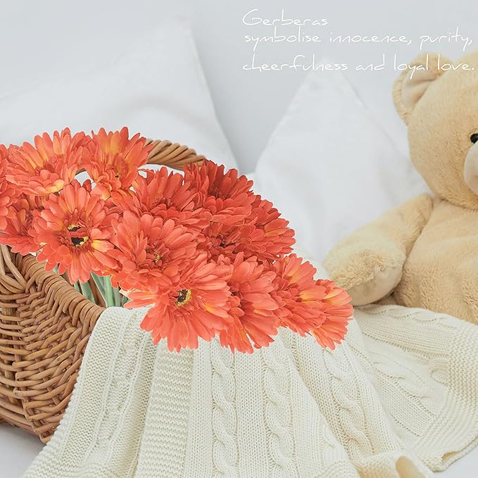12pcs Artificial Gerbera Daisies,22 Inch Long Stem Silk Daisy Flowers,Realistic Artificial Flower Mums for Home Décor Centerpiece Wreath Supplies Wedding Bouquet,Orange