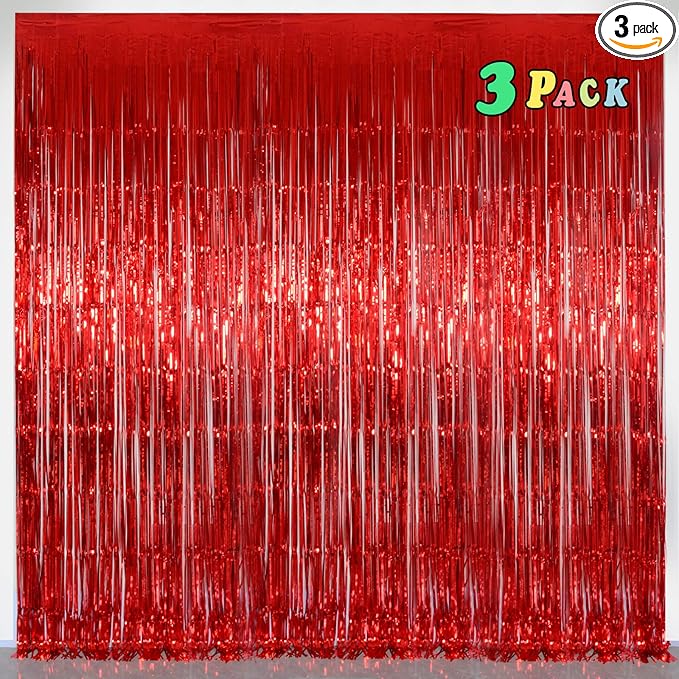 Foil Fringe Curtains Christmas Decorations - Melsan 3 Pack 3.2 x 8.2 ft Tinsel Curtain Party Photo Backdrop for Birthday Party Baby Shower or Graduation Decorations (Pure red)