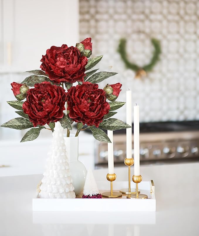 Briful 3PCS Red Artificial Christmas Peony Flower Stems, 15in Silk Peonies with Bud Fake Peony Floral Arrangement for Xmas Home Vase Party Wedding Bouquet Decor