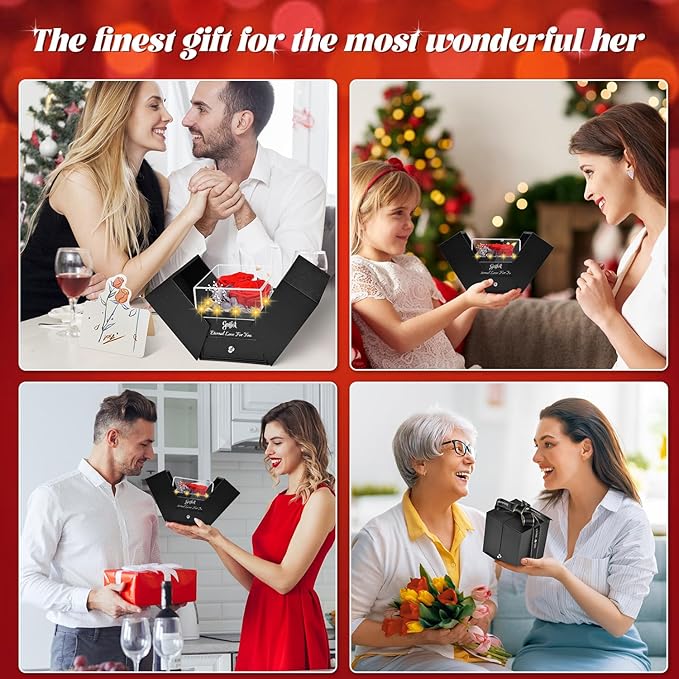 2 Preserved Rose Gift for Women - Eternal Rose with I Love You Necklace - Romantic Birthday Gifts for Girlfriend Mom Her Wife Grandma on Valentines Mothers Day Anniversary Christmas-Red