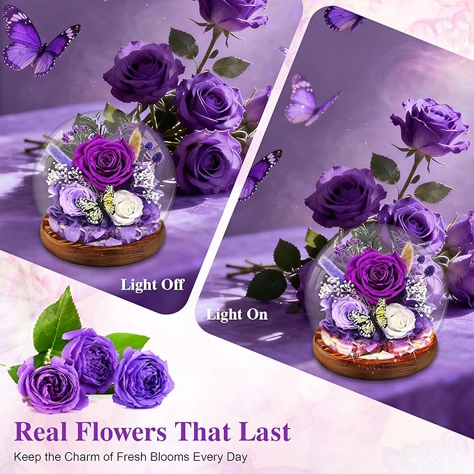 Flowers for Delivery Purple Forever Rose Gift for Women | Long-Lasting Real Flowers in Glass Dome | Christmas Birthday Gifts for Women Mom Sister