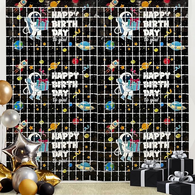 Astronaut Birthday Party Decorations 2 Pack Outer Space Foil Fringe Curtains 3.28 x 6.56Ft Space Tinsel Curtain Backdrop Black Photo Booth Backdrop for Kids Boys Girls Galaxy Birthday Baby Shower