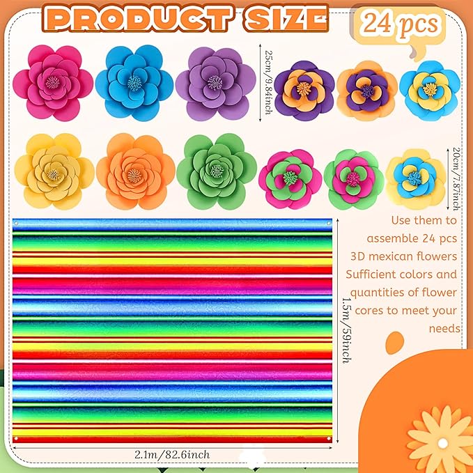 Frienda 36 Pcs DIY Paper Flower Decor Set with 83x59 Inch Custom Background Cloth and Rope, Artificial 3D Flower Wall Decor for Wall Bulletin Board Wedding Halloween Mexican Festive Party (Stripe)