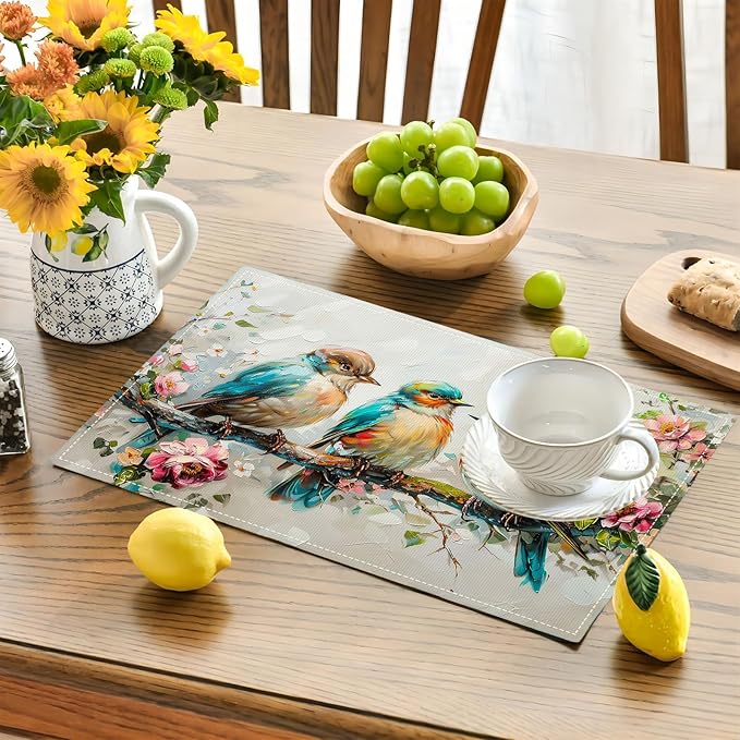 Botanical Birds Placemats Set of 6 Bird Pictures Farmhouse Rustic Flower Kitchen Mats Waterproof Washable Table Mats for Kitchen Dining Decoration 6 PCS