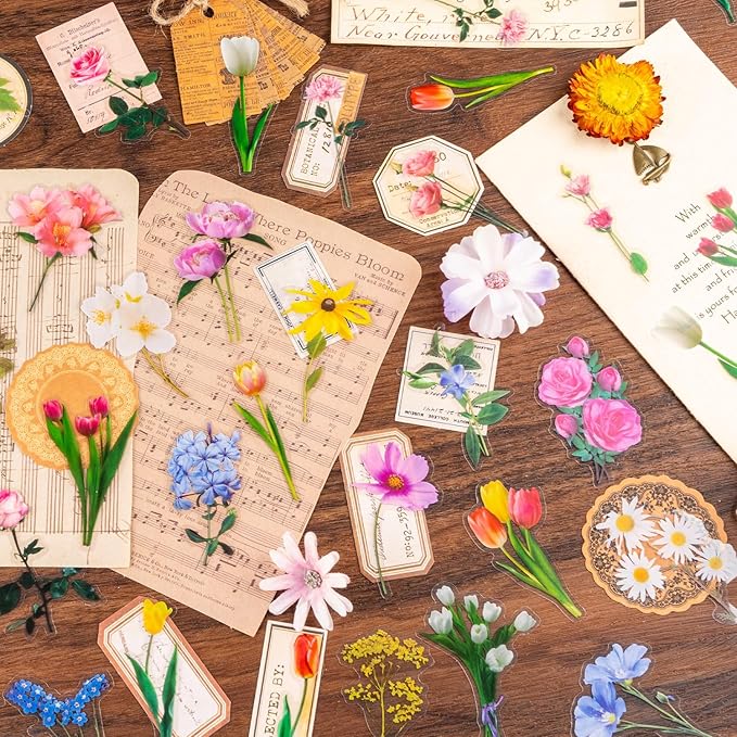 320Pcs Flower Stickers, Cute Vintage Floral Sticker for Kids, Clear Wildflower Stickers for Water Bottles, Scrapbooking, Card Making, Crafts, Laptop