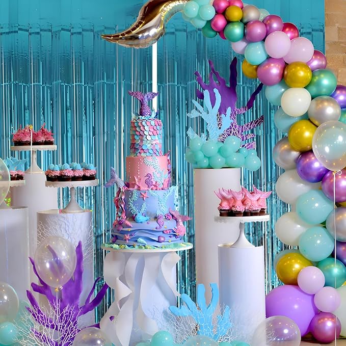 Keyali 2 Pack 3.3 * 8.3 ft Foil Curtain Metallic Tinsel Fringe Curtains Photo Booth Props Backdrop for Birthday Wedding Engagement Baby Shower Christmas Holiday Celebration Partyl,Light Blue