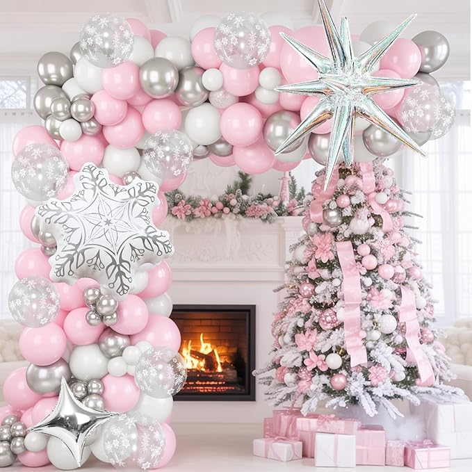 Pink Winter Wonderland Balloon Arch Garland Kit, Pink White Metallic Silver Balloons with Snowflake Star Foil Balloons for Winter Christmas Baby Its Cold Outside Baby Shower Birthday Party Decorations
