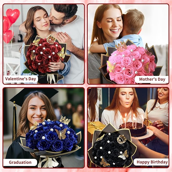 Glitter Roses Bouquet, Shiny Artificial Roses Flowers with Stems DIY Fake Glitter Flowers Bouquet for Valentine's Day, Mother's Day, Anniversary, Graduation, Birthday, Wedding, 36 Roses (Blue)