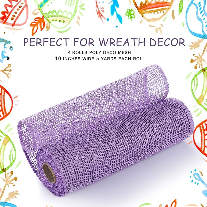 Chuangdi 4 Rolls Easter Poly Burlap Mesh Poly Burlap Deco Ribbon Mesh Roll for Spring Summer DIY Flower Wreath Garland, 10 Inch