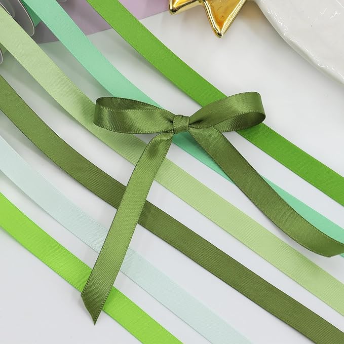 Sage Green Satin Ribbon Solid Fabric Ribbons 3/8'' inch Double-Faced Satin Ribbon for Gift Wrapping, Wedding, Birthday, Baby Shower Decor Floral Bouquet Crafts- 6 Colors X 5 Yards Each