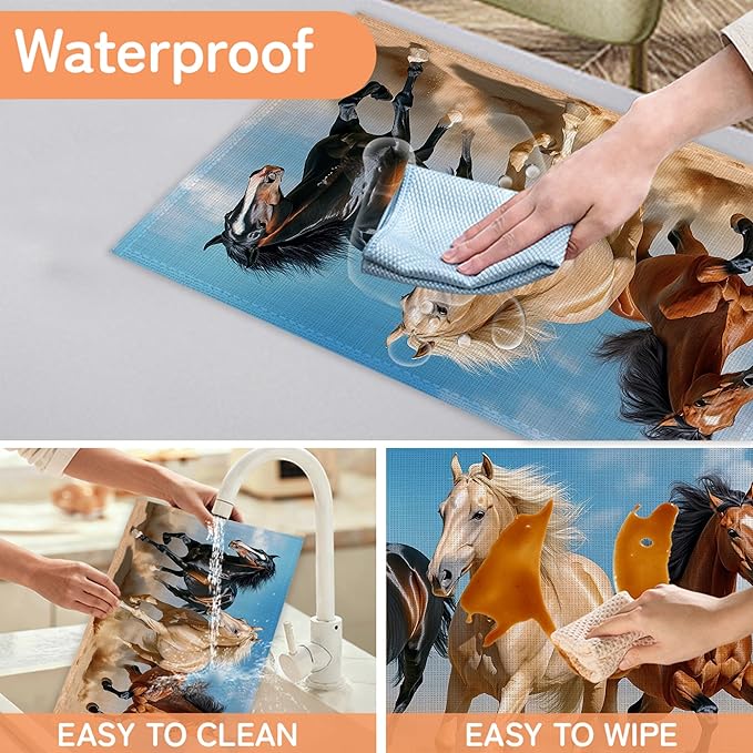 Running Horse Placemats Set of 6,Waterproof Heat Resistant Dining Table Plate Mat for Home Kitchen Dining Table 12x18Inch