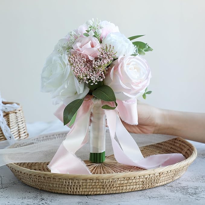 ponatia Blush Pink Wedding Bouquets for Bride Bridesmaid, Ivory Artificial Roses Flowers for Wedding Bouquets Ceremony, Anniversary
