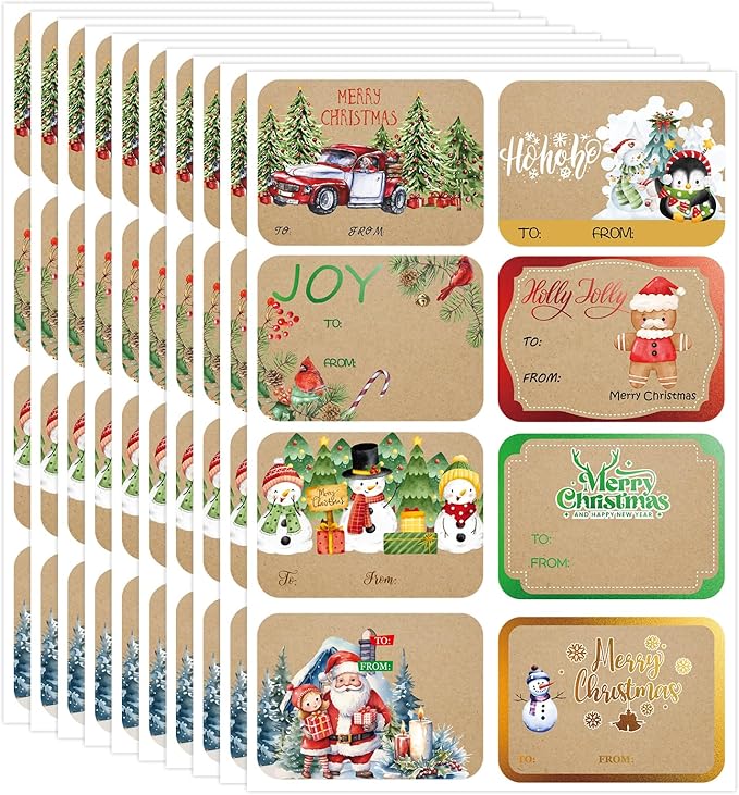 AuroTrends Jumbo Christmas Name Tags Stickers 80 Pcs/8 Designs- Kraft Name Tags for Christmas Presents Christmas Tags Stickers with Relective Metallic Foil
