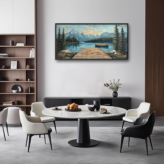 Rustic Lake Large Wall Art Forest Mountain Pictures Wall Decor Nature Landscape Big Canvas Painting Prints Framed Artwork Home Decorations Above Bed for Bedroom Living Room Dining Room 60"x30"