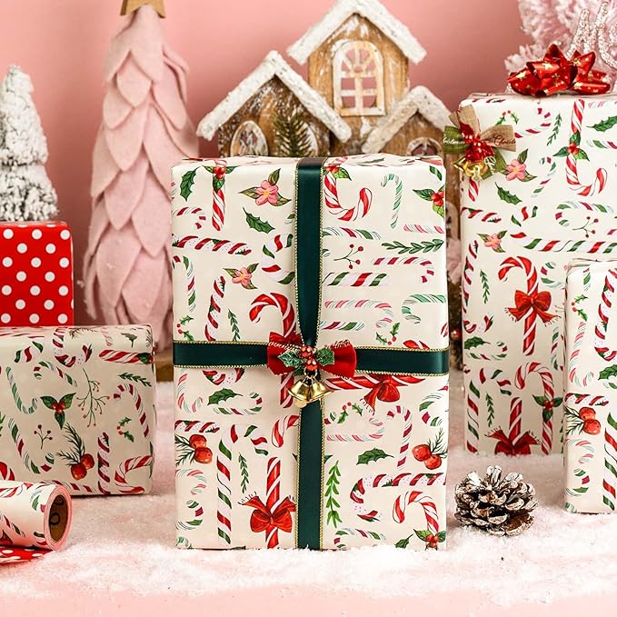 MAYPLUSS Christmas Wrapping Paper Roll - 17 Inch X 33 Feet - Cute Bow Candy Cane Christmas Holly Reversible Polka Dot Gift Wrapping Paper, Thick Wrap Paper for Holiday Party New Year Kids