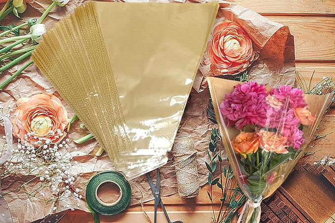 MYGOGOART 50 Pcs Flower Bouquet Wrapping Paper Flower Bags Sleeves for Bouquets Kraft Paper Floral Wrap Bags Flower Bouquet Supplies(14 x 16 x 3.9 inches)