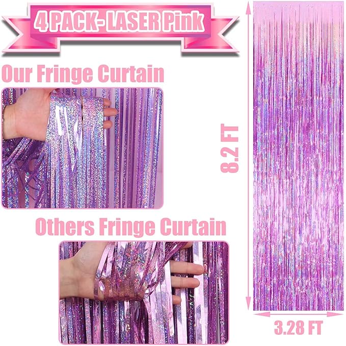 4 Pack Pink Tinsel Foil Fringe Curtain Backdrop, 3.28Ft x 8.2Ft Metallic Streamers for Photo Booth Props Wedding Bridal Shower Bachelorette Birthday Halloween Christmas Party Decoration
