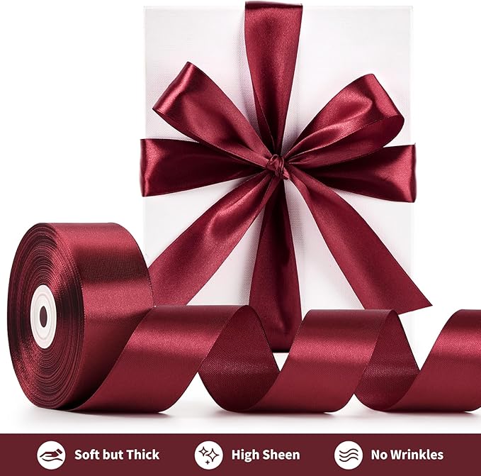 1-1/2 Inch Wide Dark Red Satin Ribbon, 50 Yards Solid Polyester Fabric Ribbon for Roses Making, Gift Wrapping, Christmas, Wedding Decorations, Crafts, Bows, Flower Bouquets