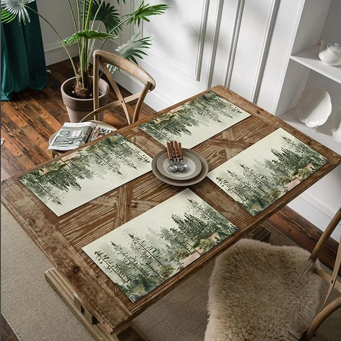 Rustic Forest Trees Placemats Set of 4, Misty Woodland Nature Table Mats Place Mats for for Kitchen Dining Table Decoration 16.9x11.4 Inch