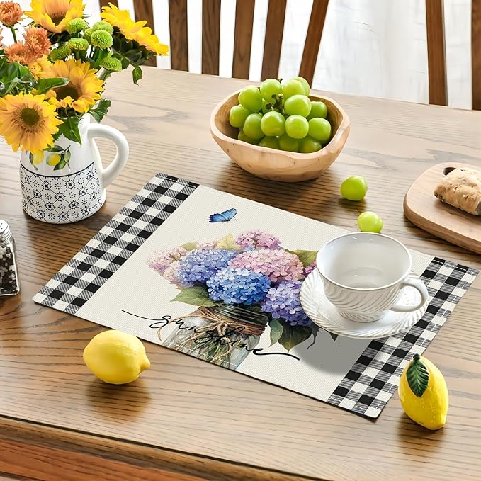 Farmhouse Hydrangea Placemats Set of 4, Country Sunshine Flowers Place Mats, Rustic Spring Butterfly Dining Table Mats, Washable Placemats for Kitchen Dining Room 18L'' × 12W''